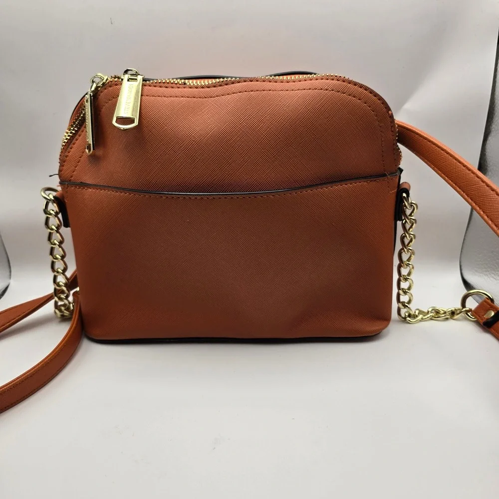 Steve Madden Cognac Saffiano Faux Leather Dome Crossbody Bag Gold Chain Strap